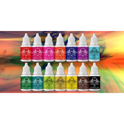 Maya Inks Alcohol Ink Set of 14 – Red, Blue, Violet, Green, Parrot Green, Turquoise, Black, Orange, Pink, Brown, Teal, Magenta, Golden Yellow | 10 ml Each | For Resin Art & Painting